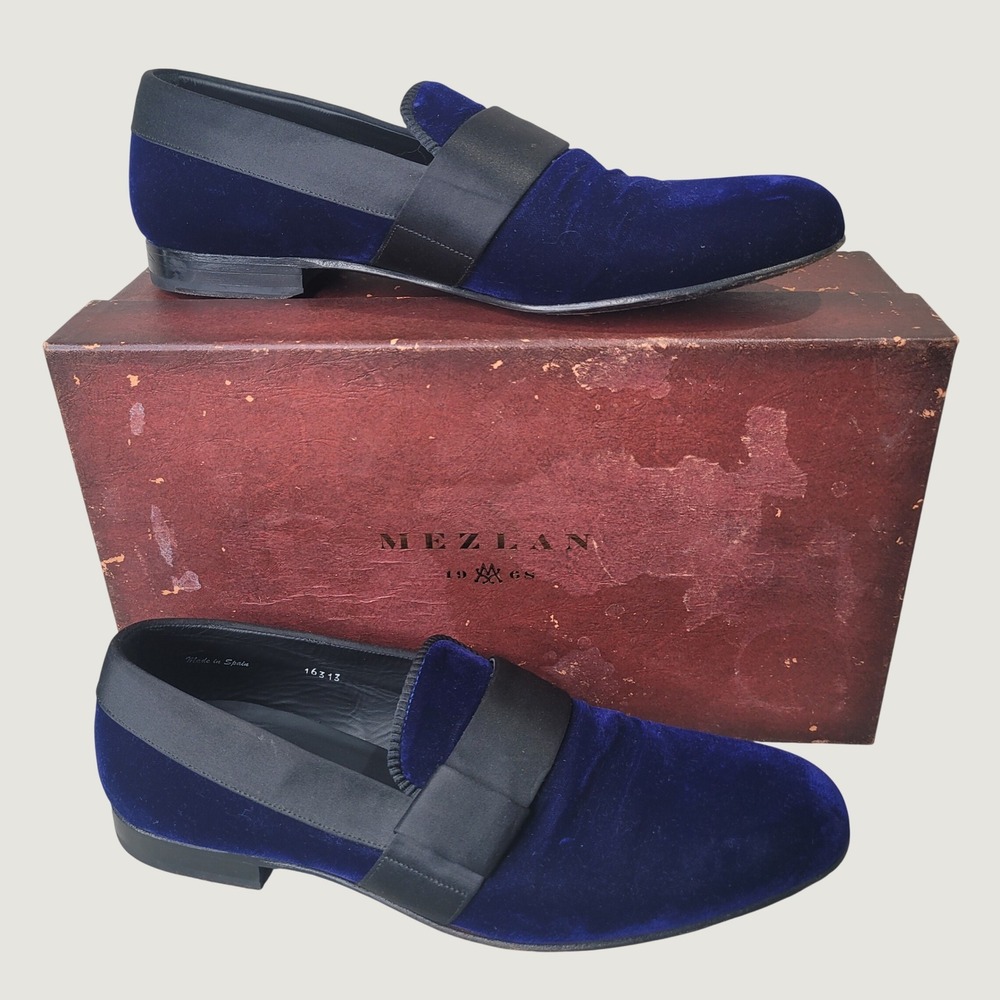 Mezlan Palance Mens Blue Velvet Loafers Satin Trim Slip On Dress Shoes Size 10 M